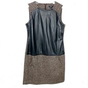 Worth New York Womens Tweed Shift Dress Brown Wool Blend & Black Leather Size 4